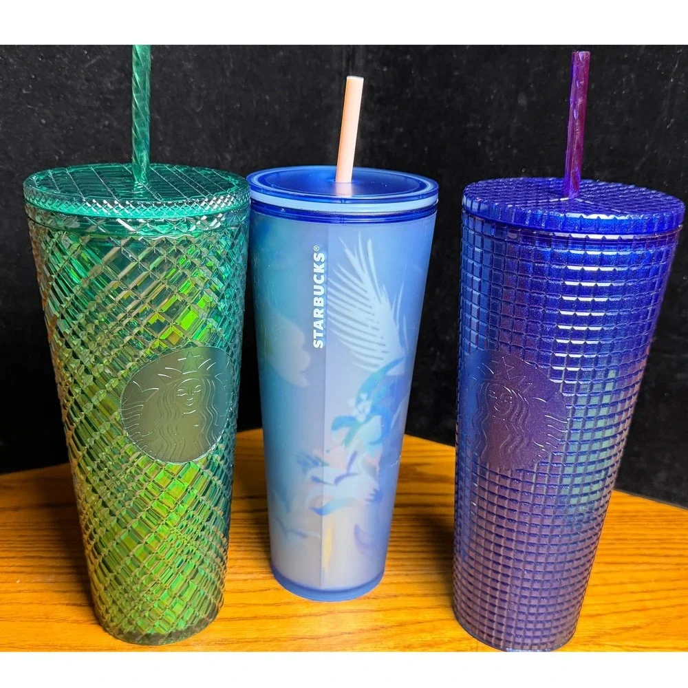 Starbucks 24oz Venti Tumbler Lot 3-Green Blue Studded Grid Floral Cold Cups